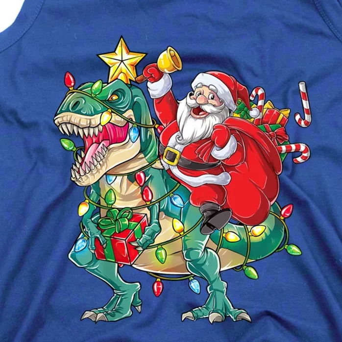 Christmas Santa Riding Dinosaur Tree Rex Pajamas Xmas Lights Gift Tank Top