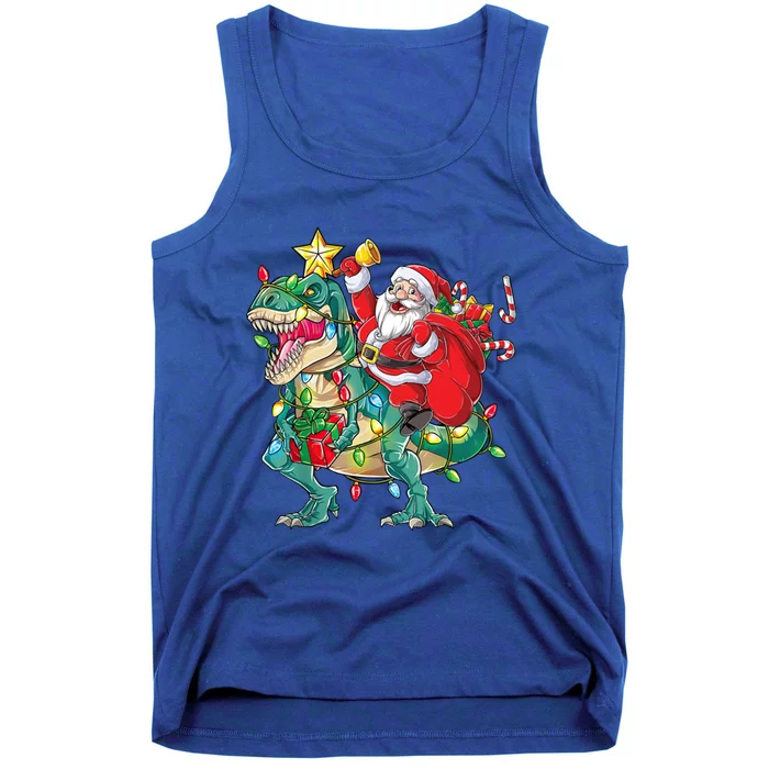 Christmas Santa Riding Dinosaur Tree Rex Pajamas Xmas Lights Gift Tank Top