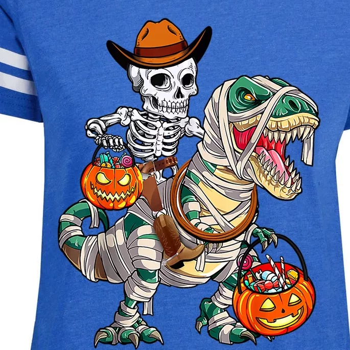 Cow Skeleton Riding Mummy Dinosaur T Rex Halloween Funny Gift Enza Ladies Jersey Football T-Shirt