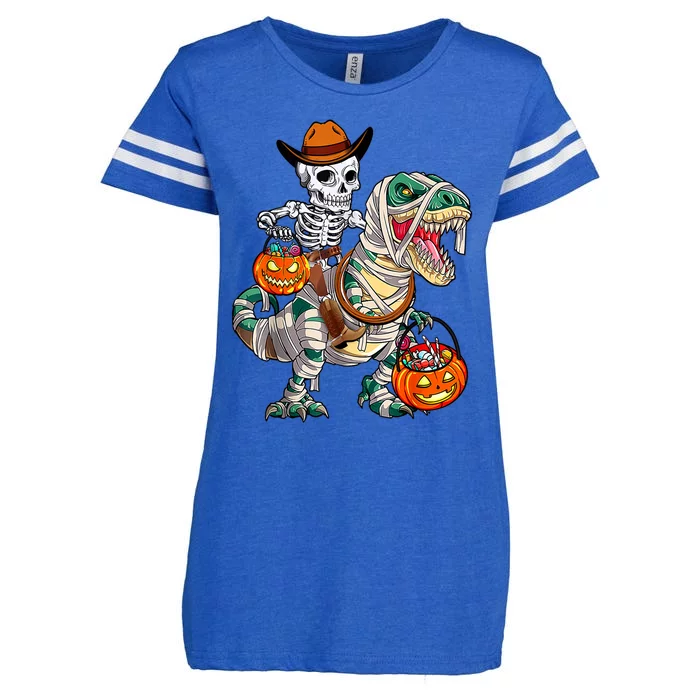 Cow Skeleton Riding Mummy Dinosaur T Rex Halloween Funny Gift Enza Ladies Jersey Football T-Shirt