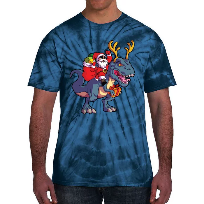 Christmas Santa Riding Dinosaur Deer Xmas Boy Tie-Dye T-Shirt