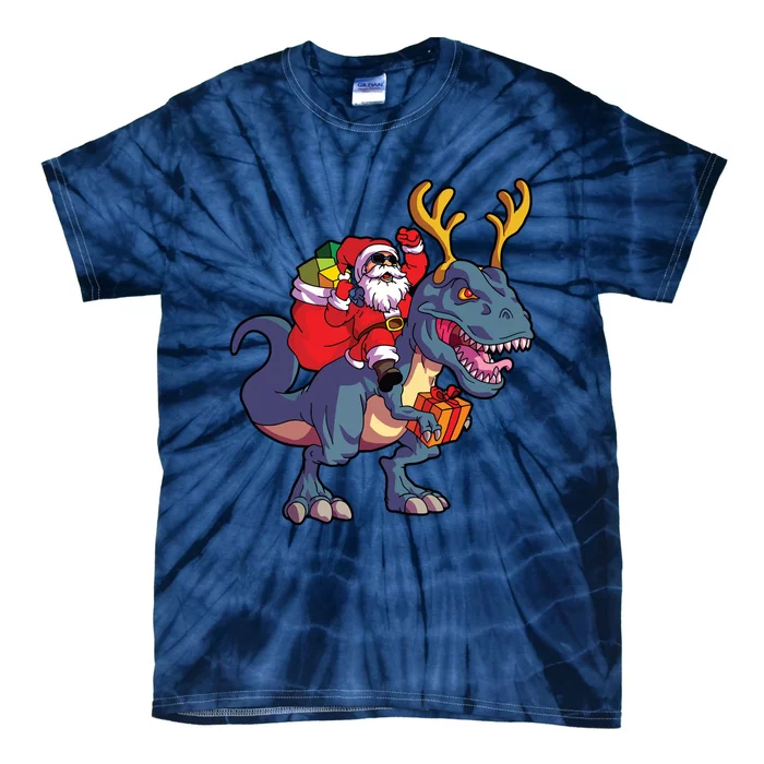 Christmas Santa Riding Dinosaur Deer Xmas Boy Tie-Dye T-Shirt