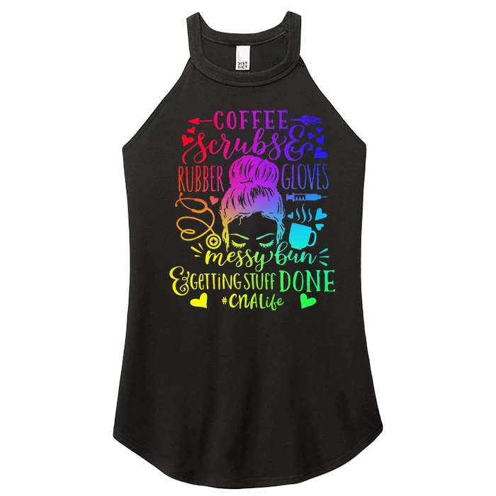 Coffee Scrubs Rubber Gloves Messy Bun Nurse CNA Life Women’s Perfect Tri Rocker Tank