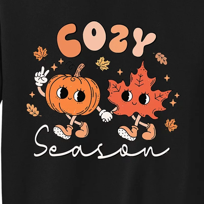 Cozy Season Retro Groovy Style Fall Leaves Pumpkin Farmings Tall Sweatshirt