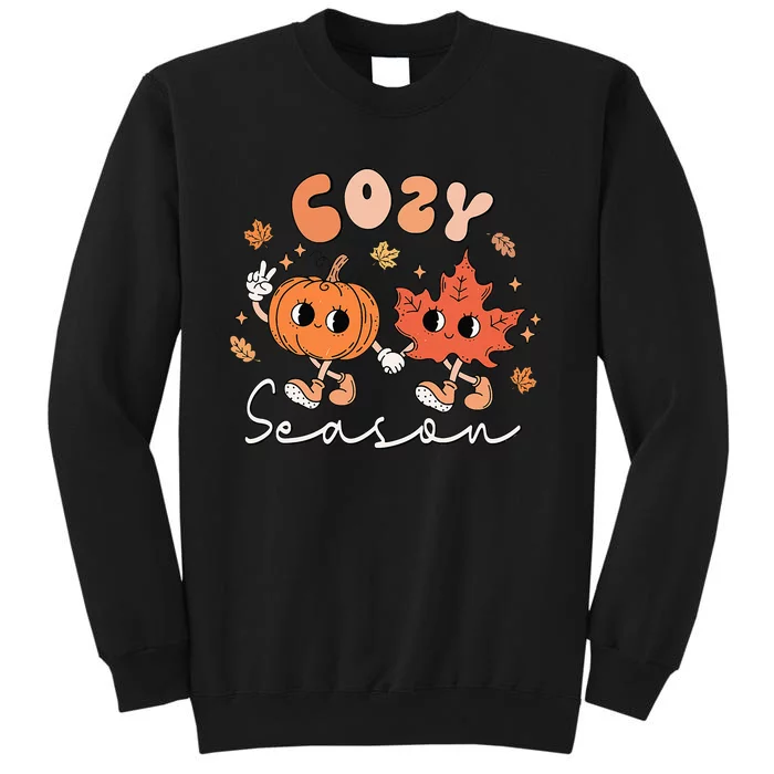 Cozy Season Retro Groovy Style Fall Leaves Pumpkin Farmings Tall Sweatshirt