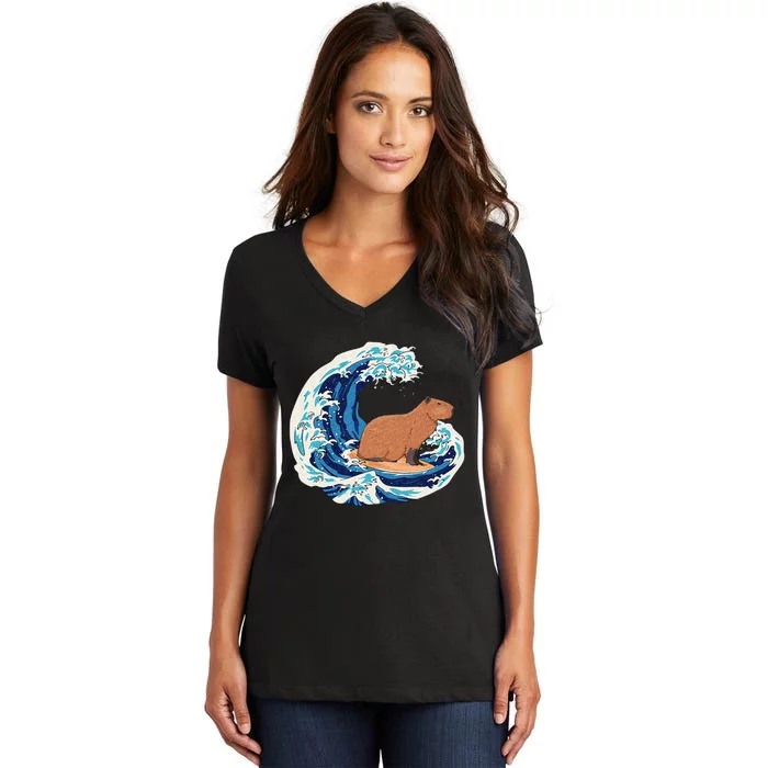 Capybara Surfing Rodent Wave Humor Animal Women's V-Neck T-Shirt