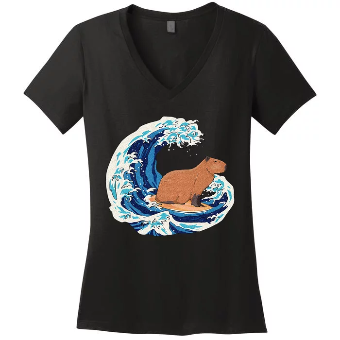 Capybara Surfing Rodent Wave Humor Animal Women's V-Neck T-Shirt