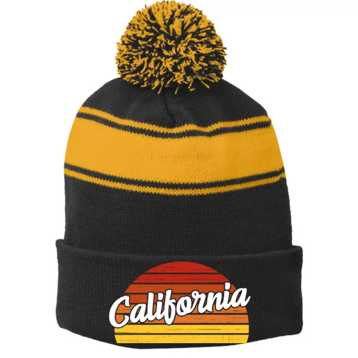 California Sunset Retro Vintage Stripe Pom Pom Beanie