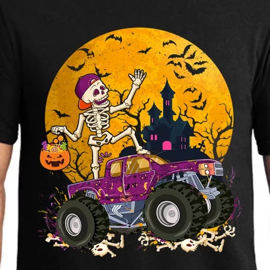 Cute Skeleton Riding Monster Truck Pumpkin Halloween Funny Gift Pajama Set