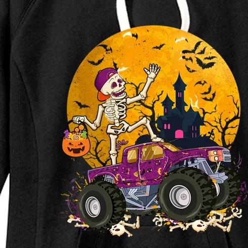 Cute Skeleton Riding Monster Truck Pumpkin Halloween Funny Gift Women's Fleece Hoodie