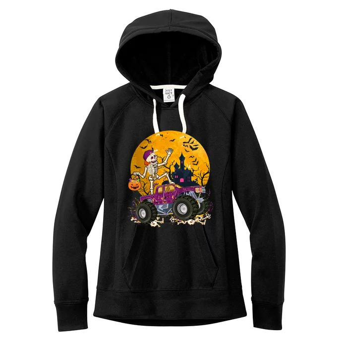 Cute Skeleton Riding Monster Truck Pumpkin Halloween Funny Gift Women's Fleece Hoodie