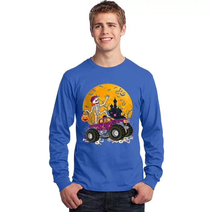 Cute Skeleton Riding Monster Truck Pumpkin Halloween Funny Gift Tall Long Sleeve T-Shirt