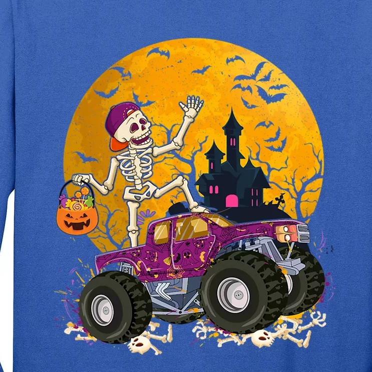 Cute Skeleton Riding Monster Truck Pumpkin Halloween Funny Gift Tall Long Sleeve T-Shirt