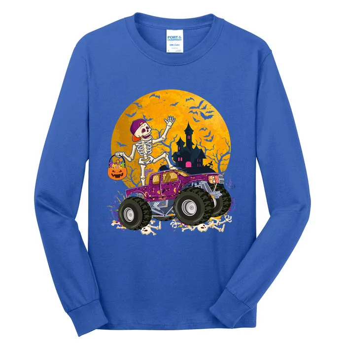 Cute Skeleton Riding Monster Truck Pumpkin Halloween Funny Gift Tall Long Sleeve T-Shirt