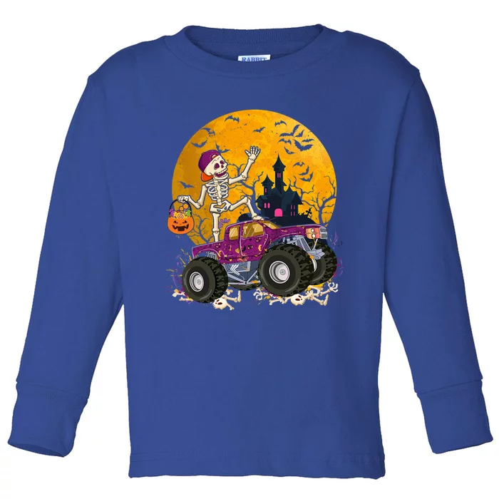 Cute Skeleton Riding Monster Truck Pumpkin Halloween Funny Gift Toddler Long Sleeve Shirt