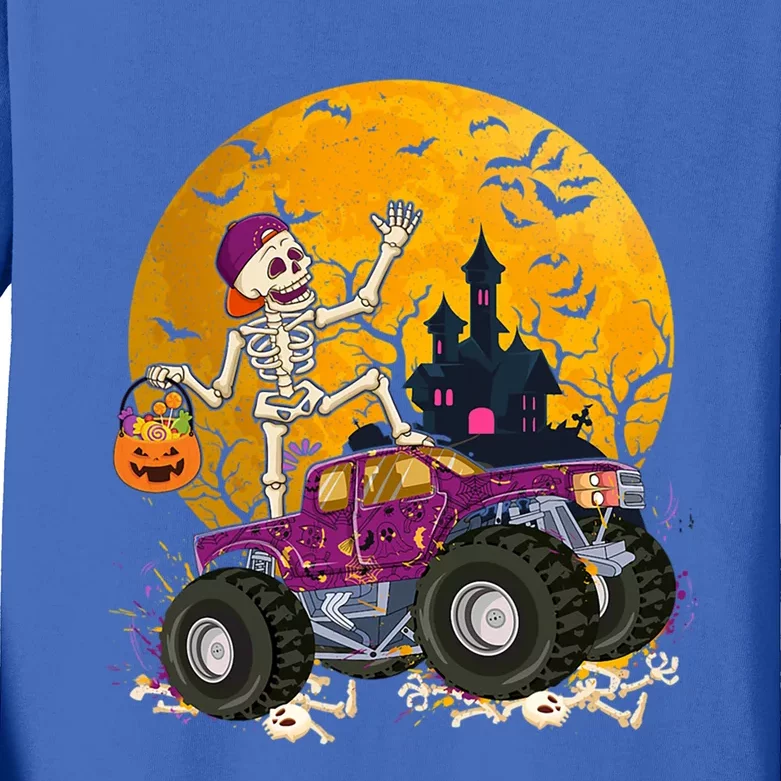 Cute Skeleton Riding Monster Truck Pumpkin Halloween Funny Gift Kids Long Sleeve Shirt