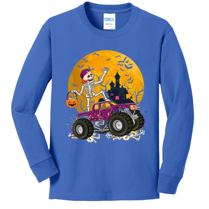 Cute Skeleton Riding Monster Truck Pumpkin Halloween Funny Gift Kids Long Sleeve Shirt