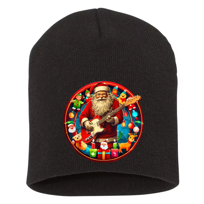 Cool Santa Rockin Guitar Festive Christmas Short Acrylic Beanie