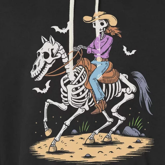 Cow Skeleton Riding Horse Spooky Halloween Western Garment-Dyed Fleece Hoodie