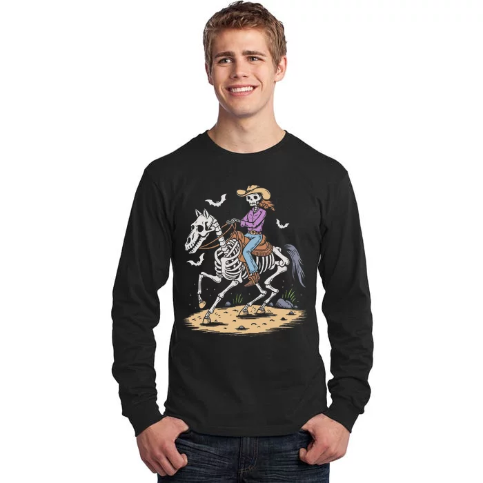 Cow Skeleton Riding Horse Spooky Halloween Western Tall Long Sleeve T-Shirt