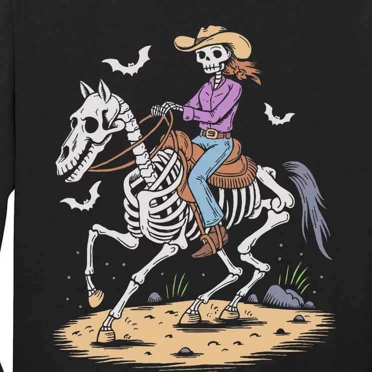 Cow Skeleton Riding Horse Spooky Halloween Western Tall Long Sleeve T-Shirt