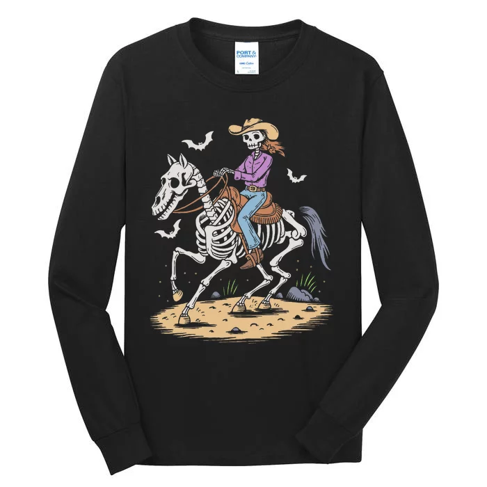 Cow Skeleton Riding Horse Spooky Halloween Western Tall Long Sleeve T-Shirt