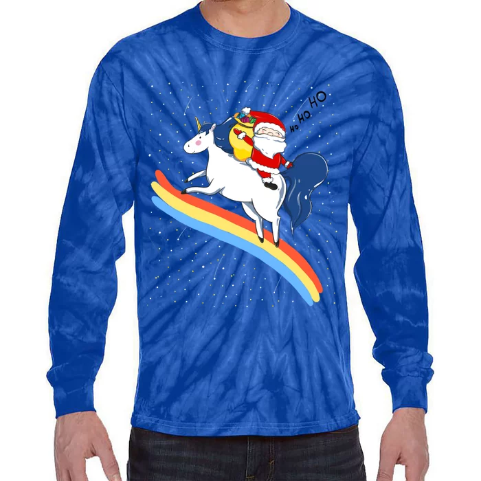 Christmas Santa Riding Unicorn Rainbow Funny Xmas Funny Gift Tie-Dye Long Sleeve Shirt