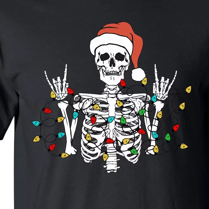 Christmas Skeleton Rocker Wrapped in Xmas Lights Santa Hat Tall T-Shirt