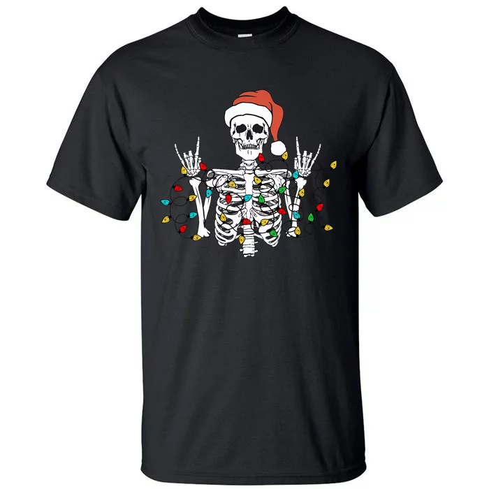 Christmas Skeleton Rocker Wrapped in Xmas Lights Santa Hat Tall T-Shirt