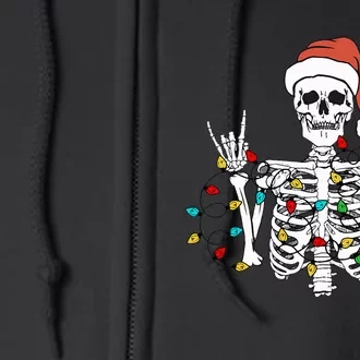 Christmas Skeleton Rocker Wrapped in Xmas Lights Santa Hat Full Zip Hoodie