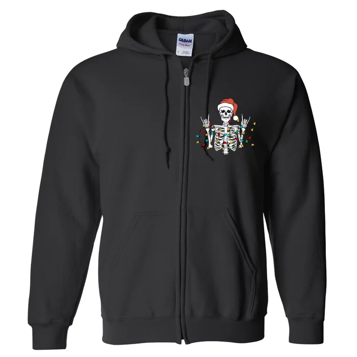 Christmas Skeleton Rocker Wrapped in Xmas Lights Santa Hat Full Zip Hoodie