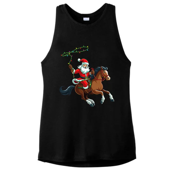 Cowboy Santa Riding A Horse Christmas Funny Ladies Tri-Blend Wicking Tank