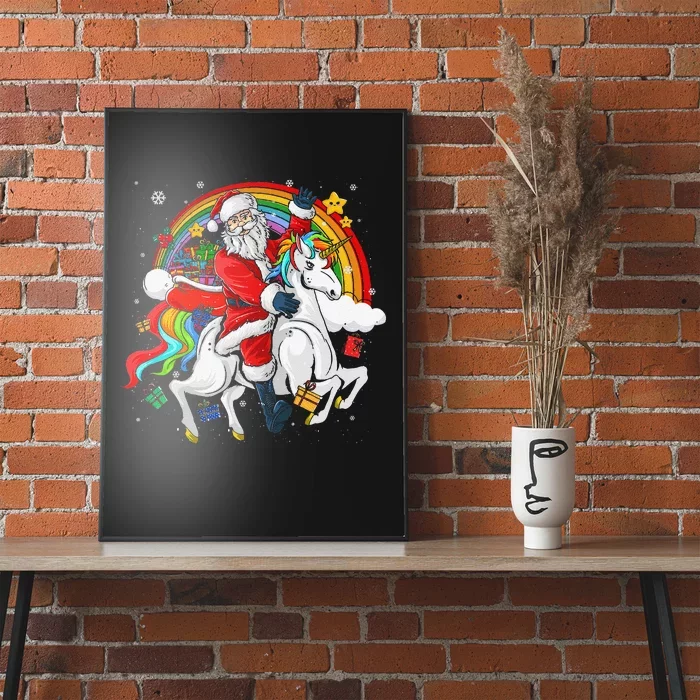 Christmas Santa Riding Unicorn Xmas Women Rainbow Poster