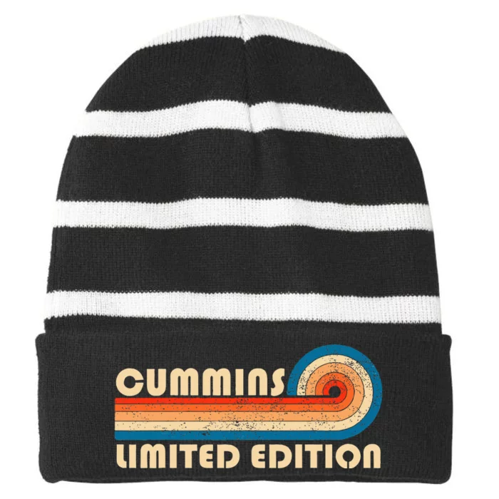 Cummins Surname Retro Vintage 80s 90s Birthday Reunion Striped Beanie with Solid Band