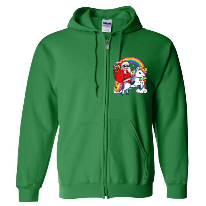 Christmas Santa Riding Unicorn Xmas Women Rainbow Short Sleeve Full Zip Hoodie