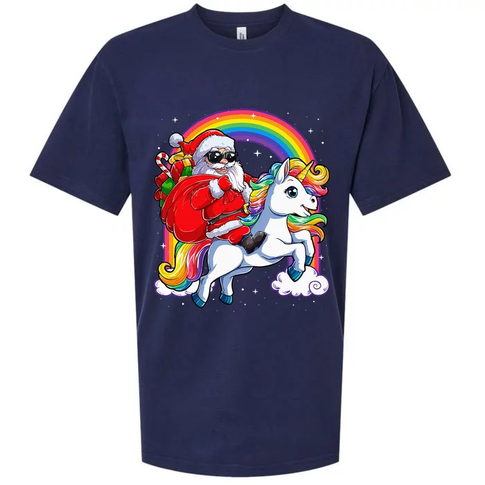 Christmas Santa Riding Unicorn Xmas Women Rainbow Short Sleeve Sueded Cloud Jersey T-Shirt