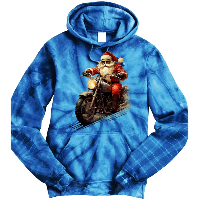 Christmas Santa Riding On A Vintage Motorcycle Bike Tie Dye Hoodie