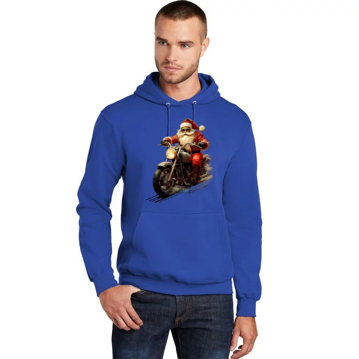 Christmas Santa Riding On A Vintage Motorcycle Bike Tall Hoodie