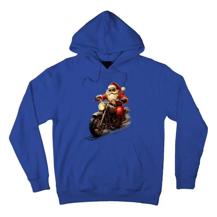 Christmas Santa Riding On A Vintage Motorcycle Bike Tall Hoodie