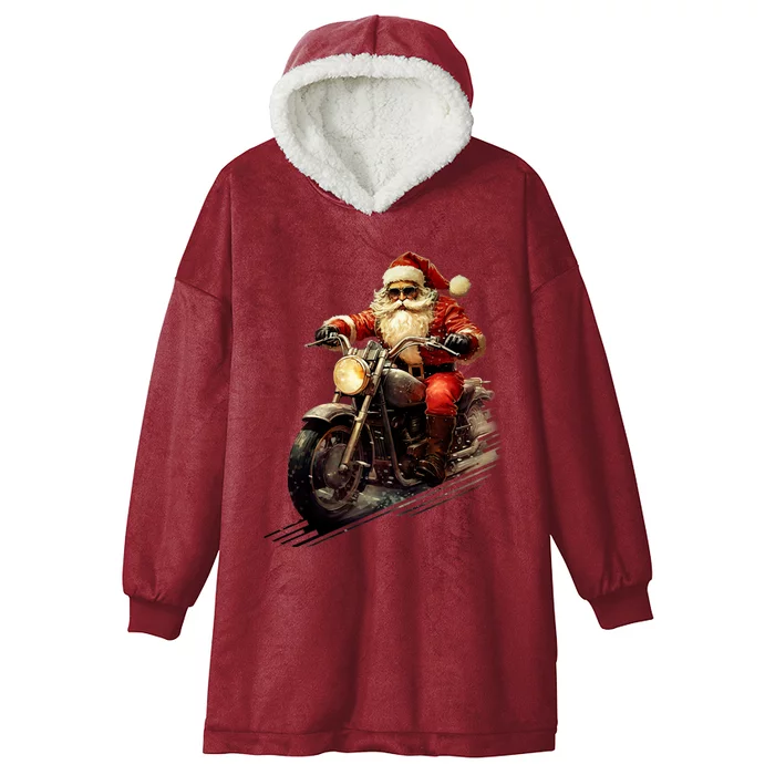 Christmas Santa Riding On A Vintage Motorcycle Bike Hooded Wearable Blanket