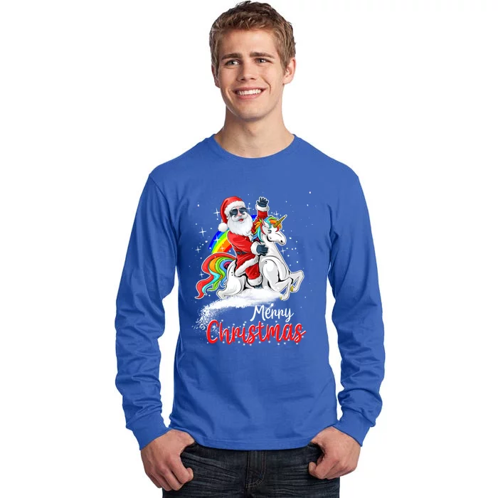 Christmas Santa Riding Unicorn Xmas Rainbow Funny Gift Tall Long Sleeve T-Shirt