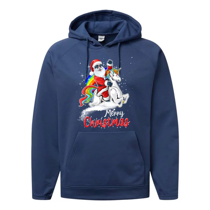 Christmas Santa Riding Unicorn Xmas Rainbow Funny Gift Performance Fleece Hoodie