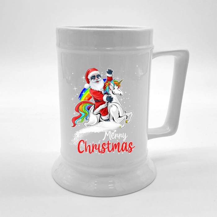 Christmas Santa Riding Unicorn Xmas Rainbow Funny Gift Front & Back Beer Stein