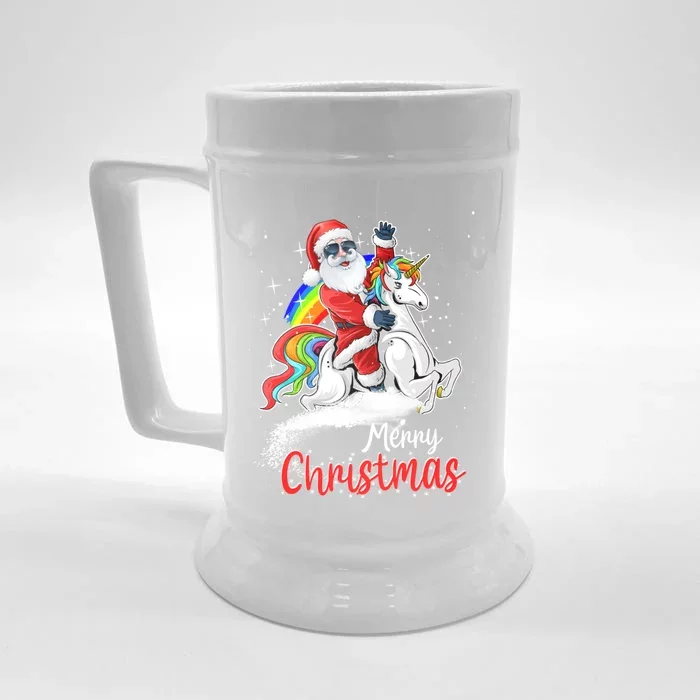 Christmas Santa Riding Unicorn Xmas Rainbow Funny Gift Front & Back Beer Stein