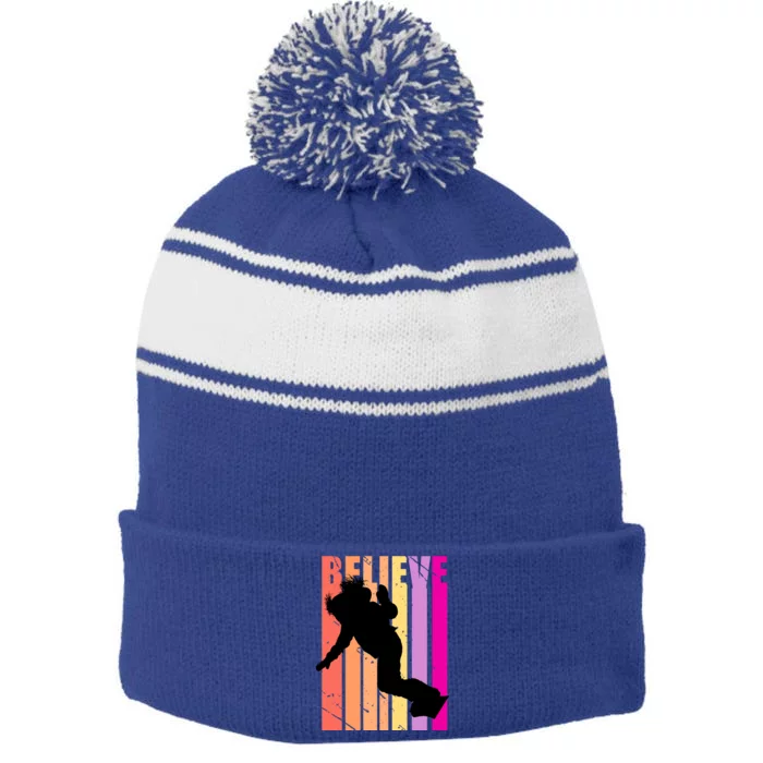 Cool Snowboarding Snowboarder Female Rider Ski Ice Winter Gift Stripe Pom Pom Beanie