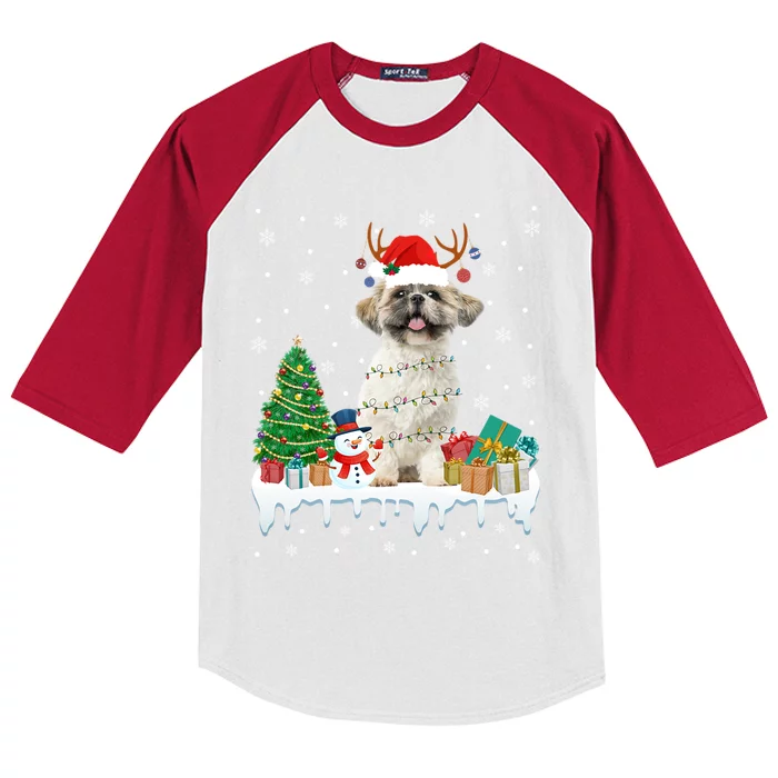 Cute Santa Shih Tzu Dog Christmas Lights Pajama Gift Kids Colorblock Raglan Jersey