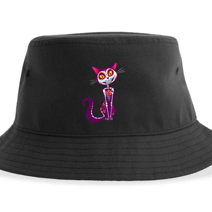 Cute Sugar Skull Mexican Cat Halloween dia de los Muertos Sustainable Bucket Hat