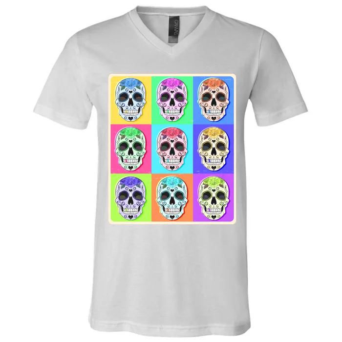 Cool Sugar Skull Pop Art V-Neck T-Shirt