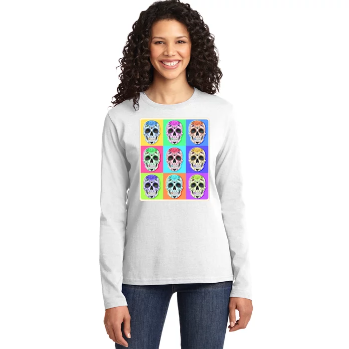 Cool Sugar Skull Pop Art Ladies Long Sleeve Shirt