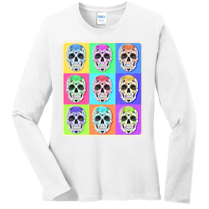 Cool Sugar Skull Pop Art Ladies Long Sleeve Shirt